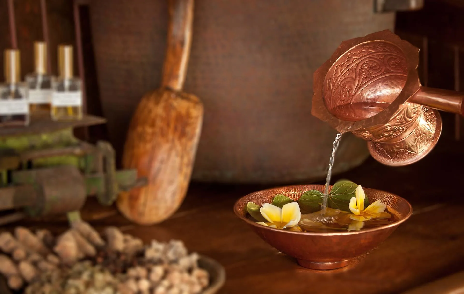 Brewing up a flower infusion at Fivelements Puri Ahimsa